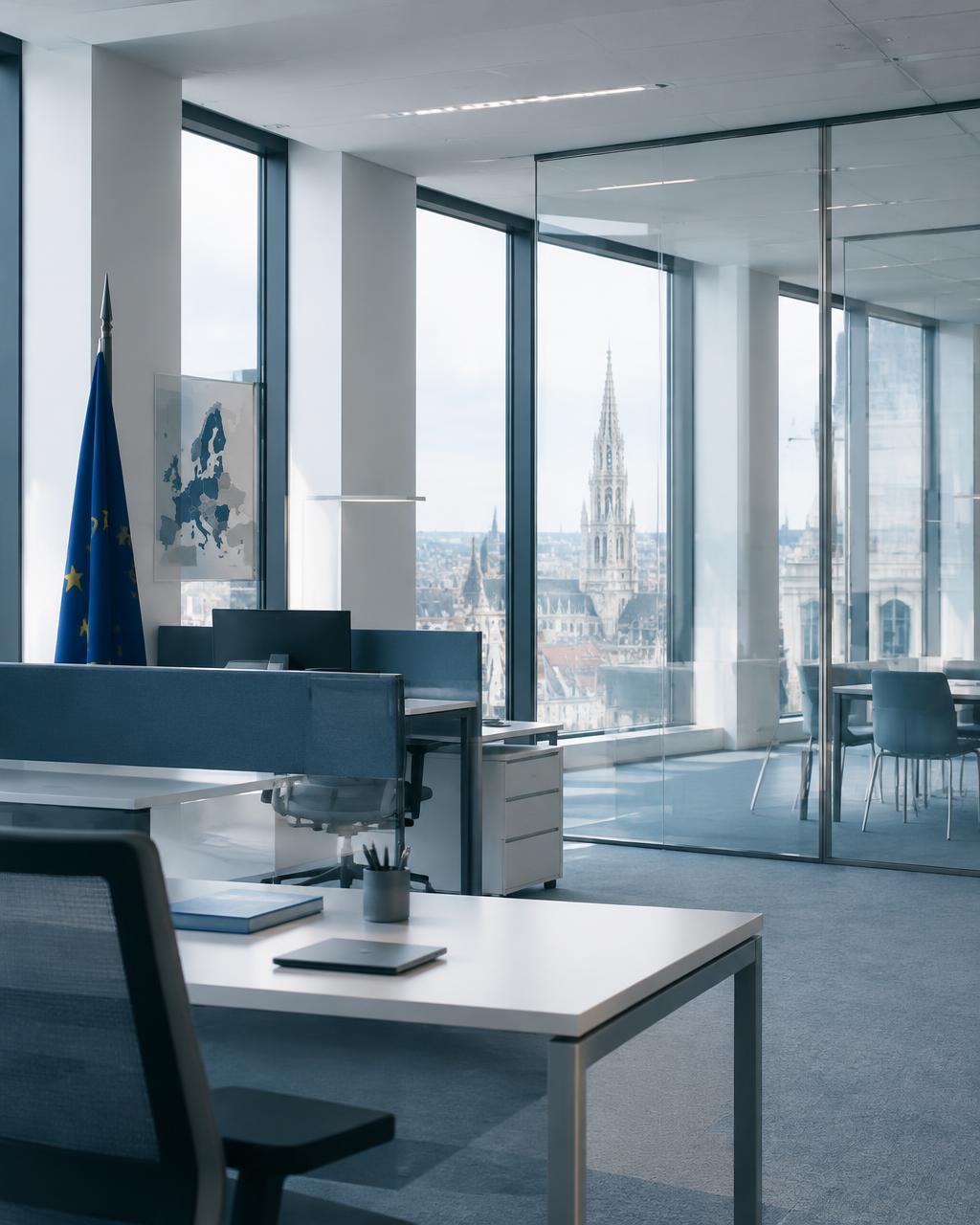 Calm Brussels office interior with soft daylight